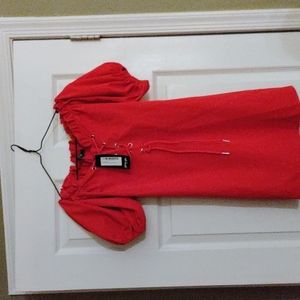 NASTY Gal lace up Bardot red dress size 6 color red Puffy sleeves